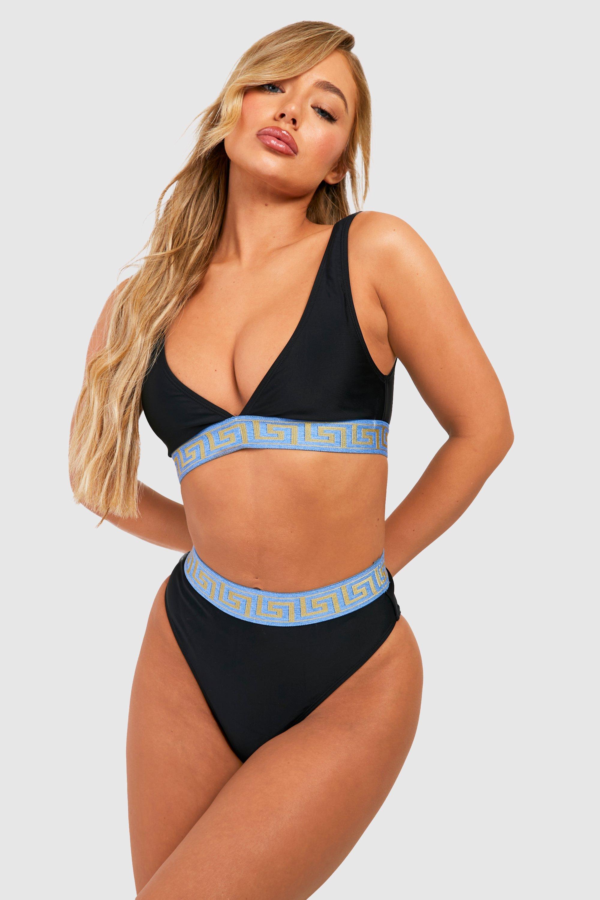 Image of Set bikini a vita alta a blocchi di colore con motivi geometrici, Nero