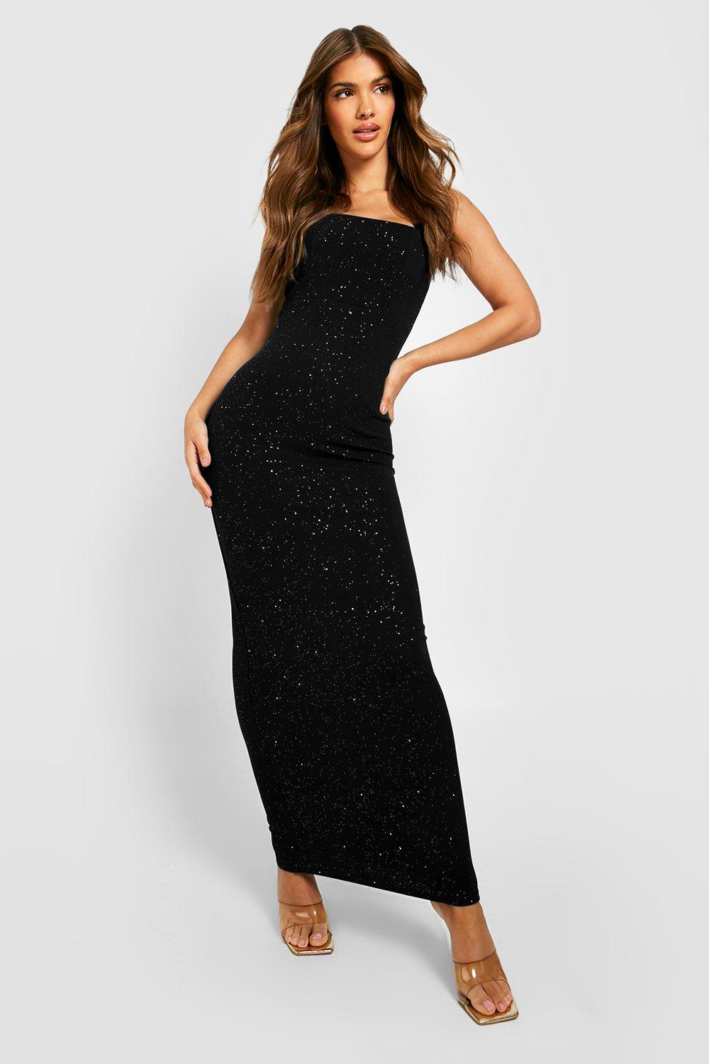 Boohoo Crêpe Glitter Maxi Jurk Met Bandjes, Black