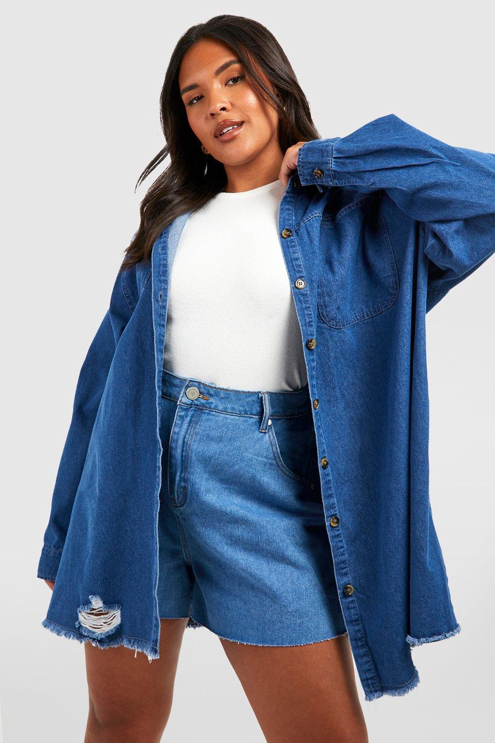 Image of Camicia in denim Plus Size con tasche e fondo smagliato, Azzurro