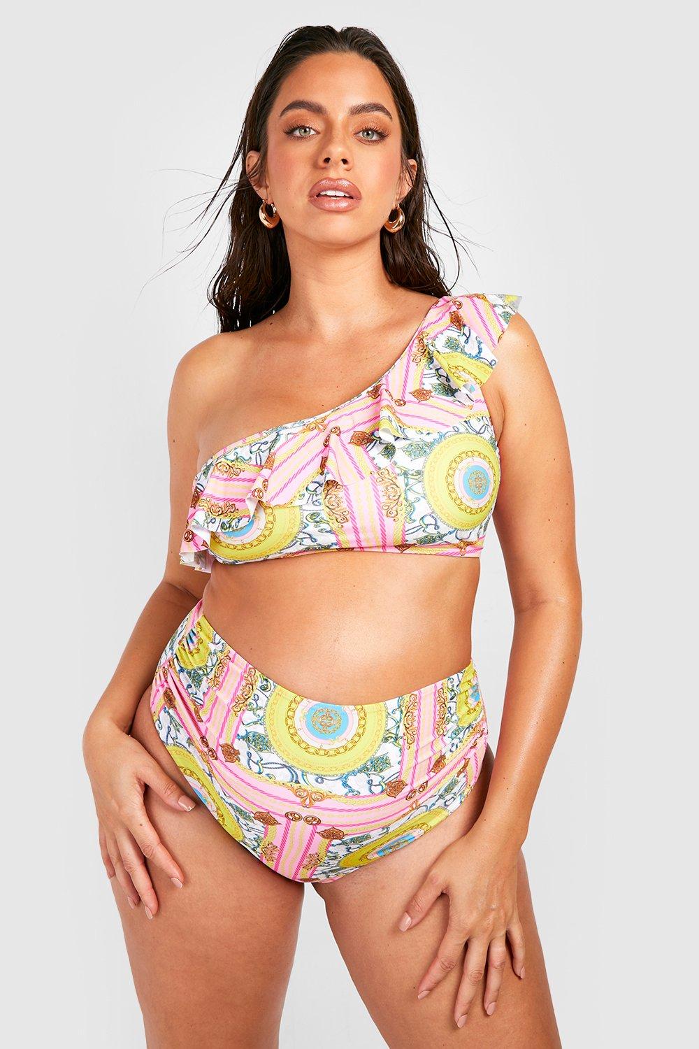 Boohoo Zwangerschap Gekreukelde High Waist Bikini Met Eén Open Schouder En Ruches, Multi