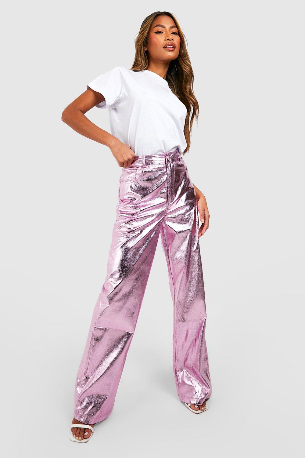 Image of Pantaloni lunghi metallizzati a vita alta, Pink