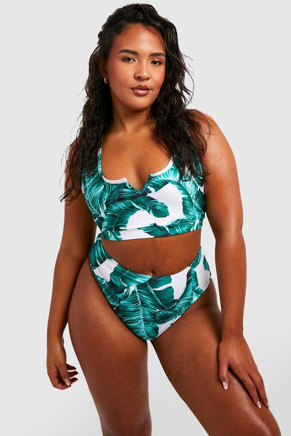 Image of Top bikini Plus Size Essentials con stampa di foglie e intaglio sullo scollo, Bianco