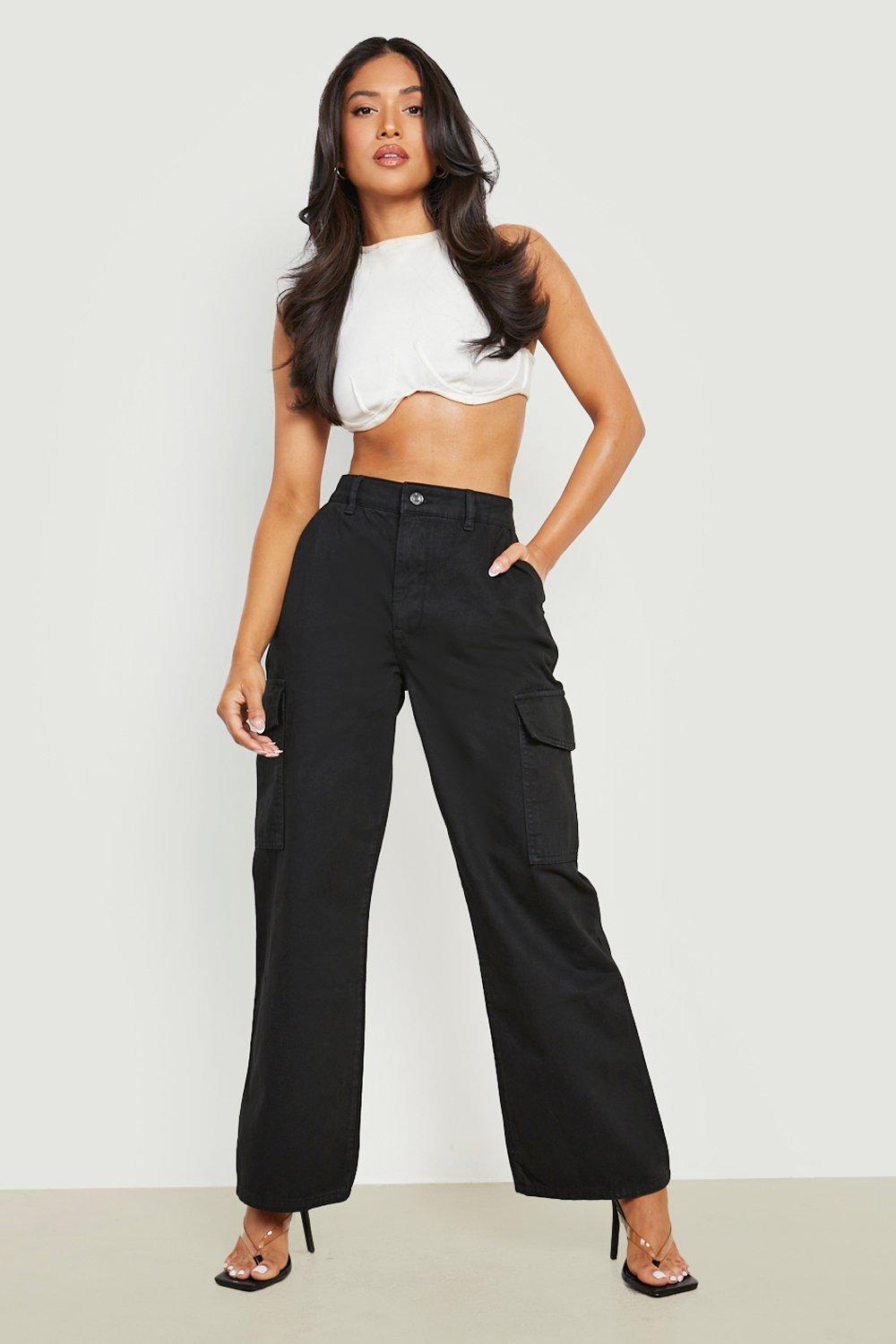 Boohoo Petite Baggy Wide Leg Cargo Broek, Black