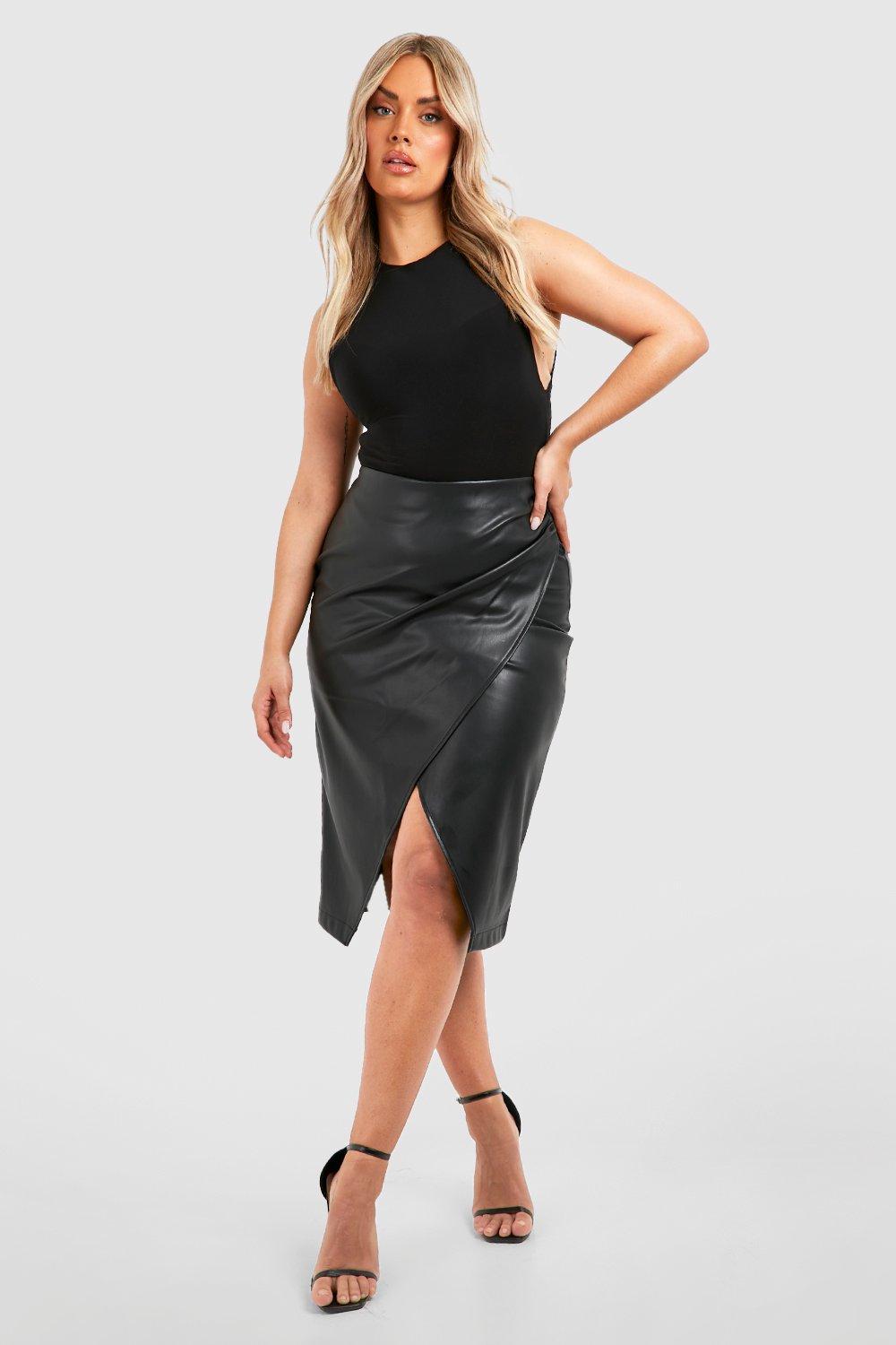 womens plus leather look ruched wrap midi skirt - black - 28, black