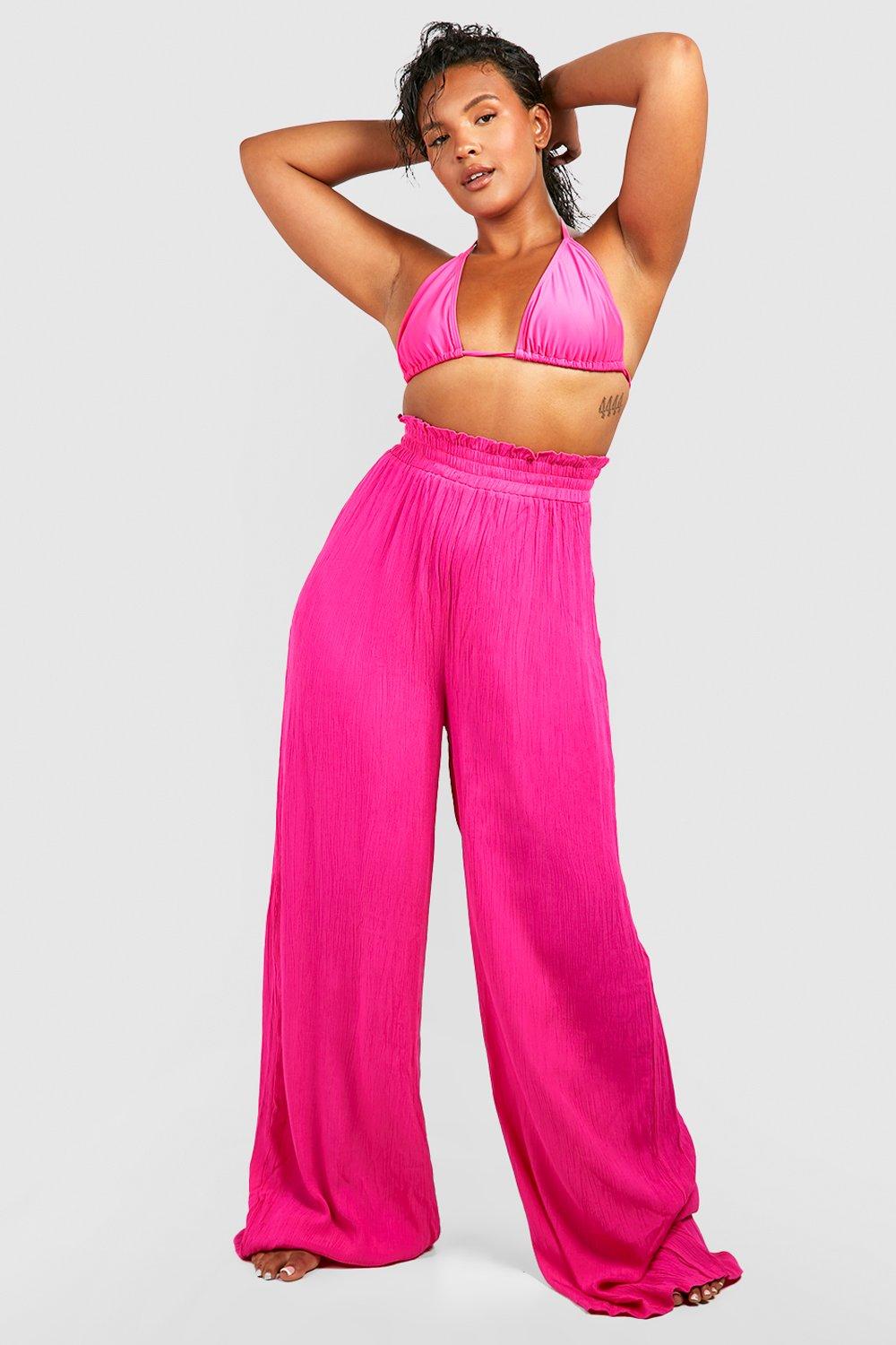 Image of Pantaloni da mare Plus Size in rayon effetto goffrato, Pink