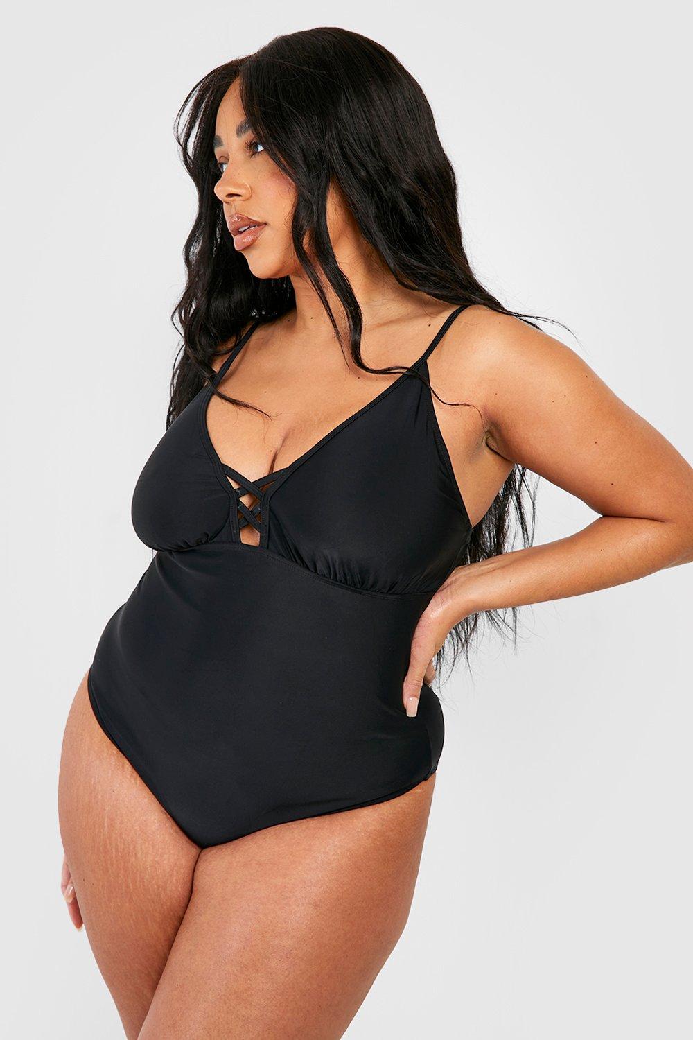 womens plus lace up tummy control swimsuit - black - 16, black