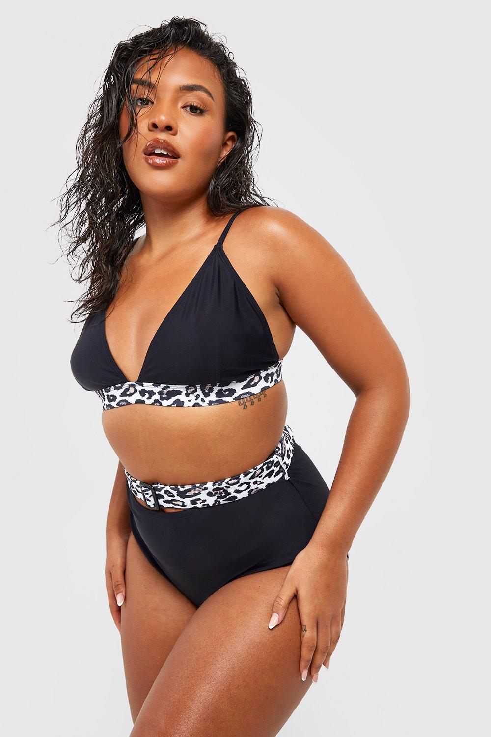 Image of Bikini Plus Size contenitivo leopardato a contrasto sulla pancia, Nero