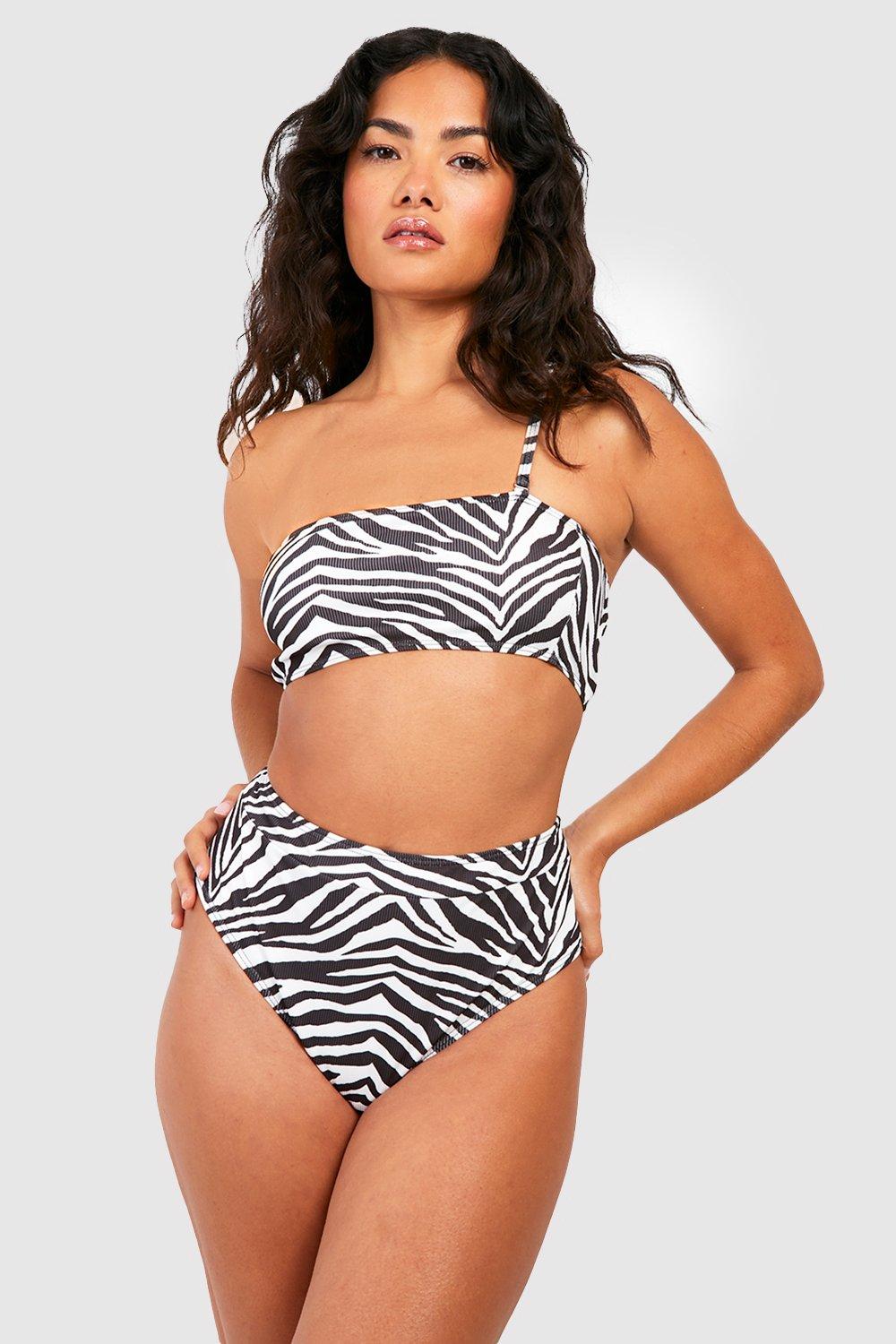 Womens Zebra Textured Rib High Waist Bikini Brief - Black - 8, Black