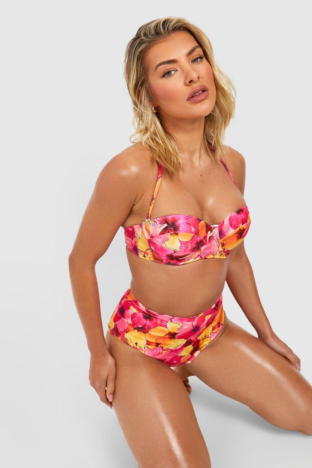 Image of Top bikini imbottito in fantasia tropicale con ferretto, Pink