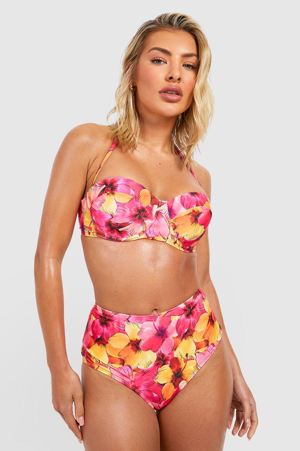 Image of Slip bikini a vita alta in fantasia tropicale, Pink