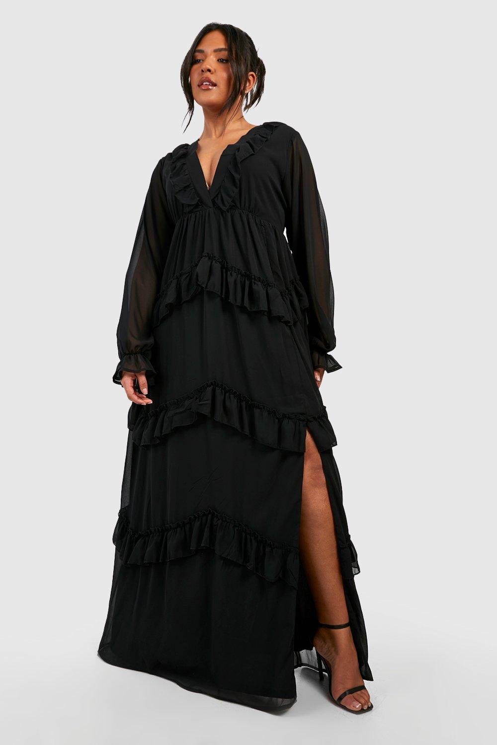 Womens Plus Frill Plunge Ruffle Maxi Dress - Black - 26, Black