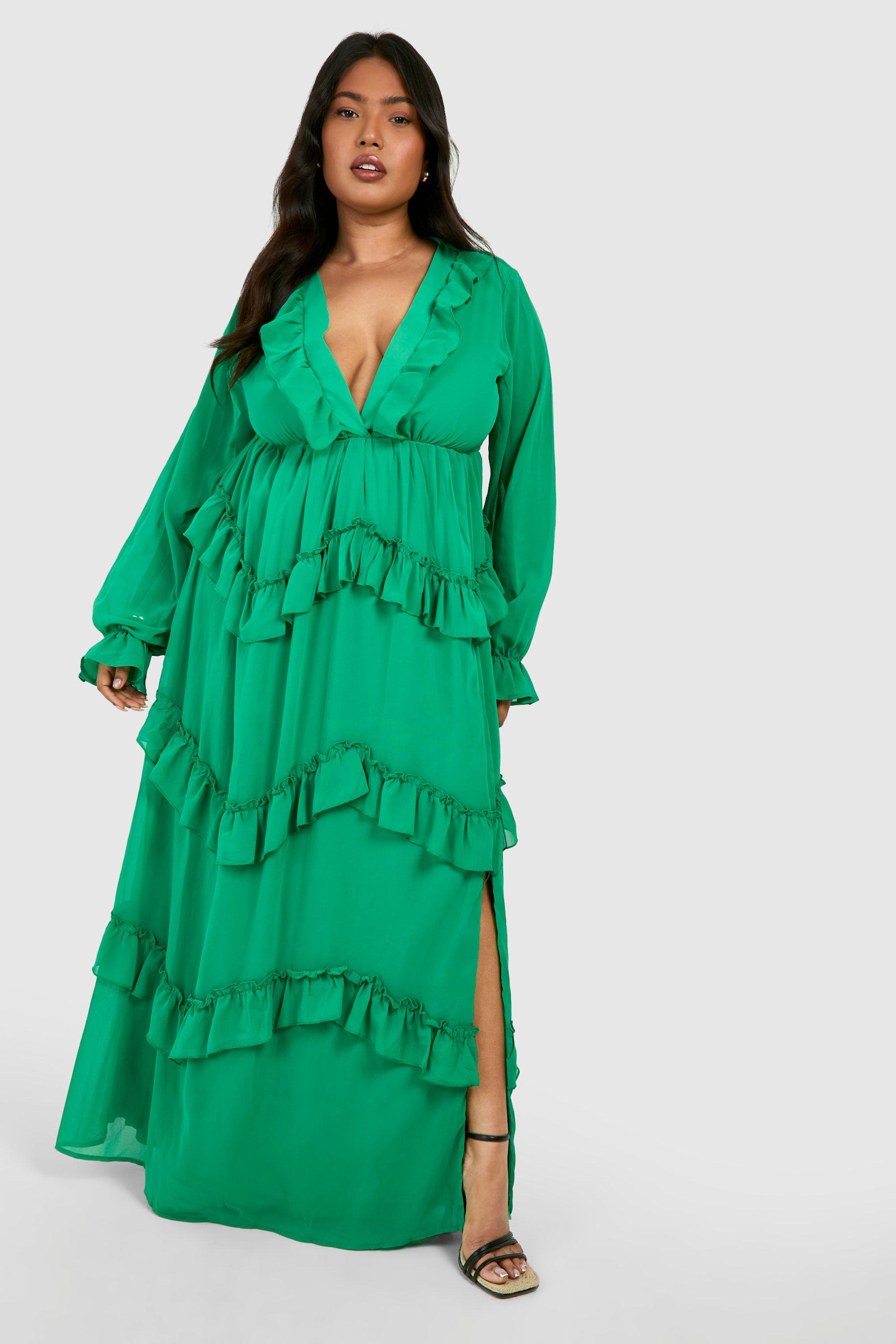 Image of Vestito maxi Plus Size con scollo profondo e arricciature, Verde