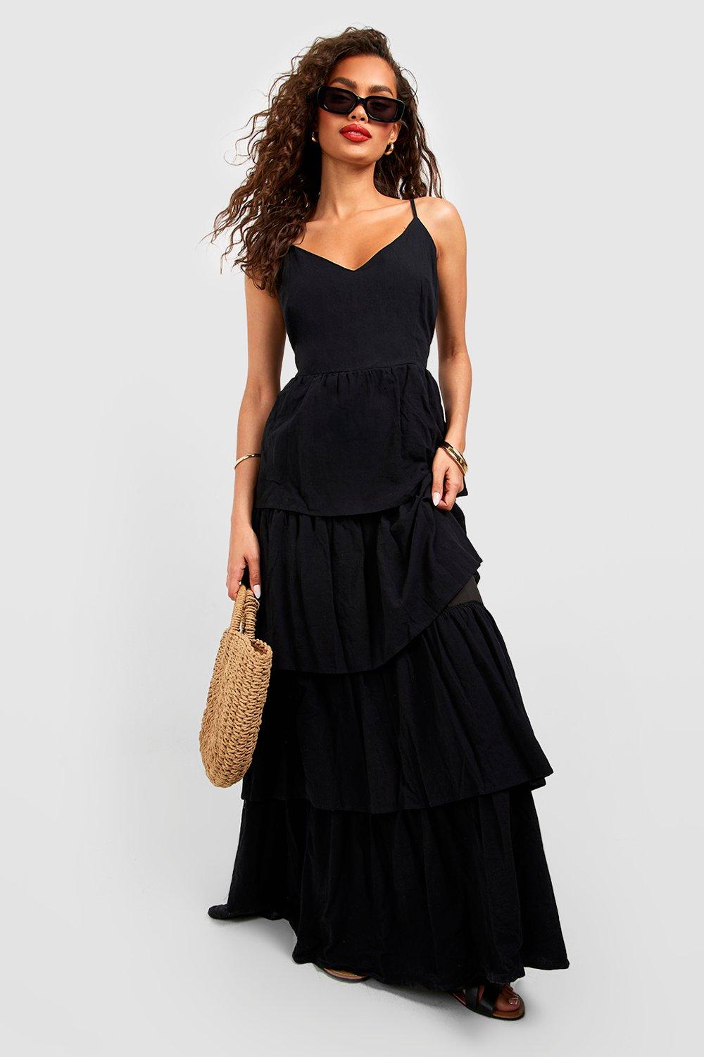 Womens V Neck Tiered Linen Look Maxi Dress - Black - 12, Black