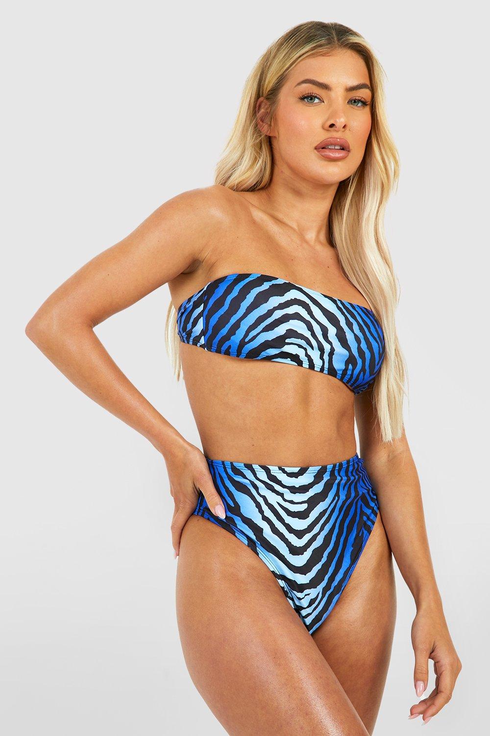 Image of Set bikini a vita alta a fascia zebrata blu, Azzurro