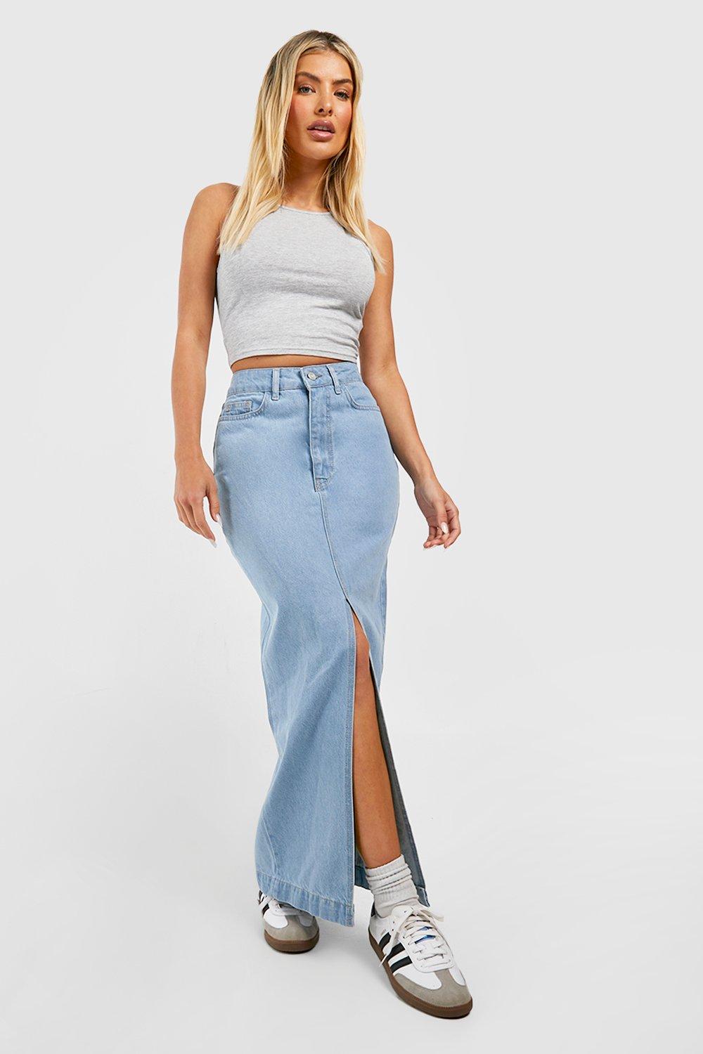 Boohoo Maxi Spijkerrok Met Split, Light Wash