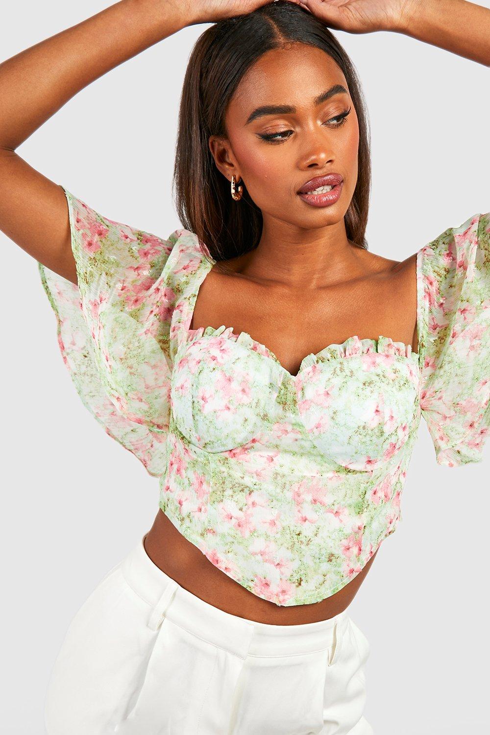 Womens Angel Sleeve Floral Corset Top - Green - 10, Green