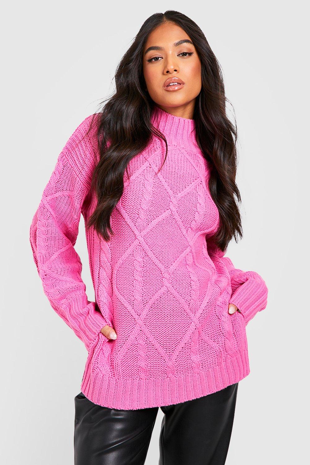Image of Pullover Petite a collo alto in maglia intrecciata con spacco sul fondo, Pink