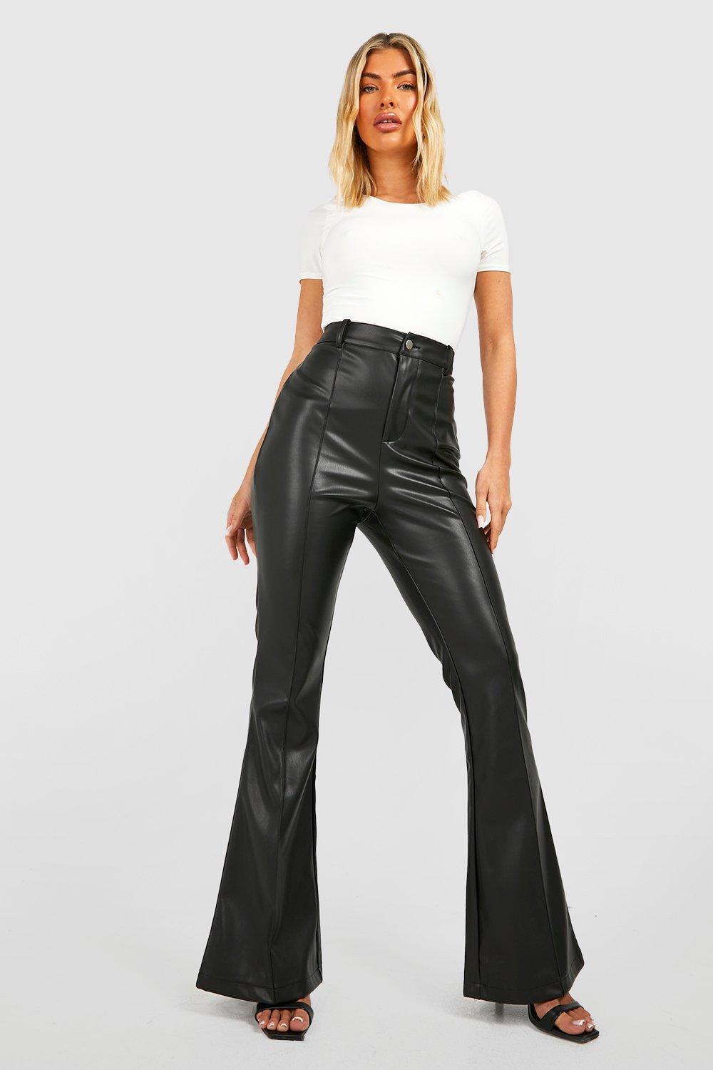 Womens Leather Look Tailored High Waisted Flared Trousers - Black - 6, Black