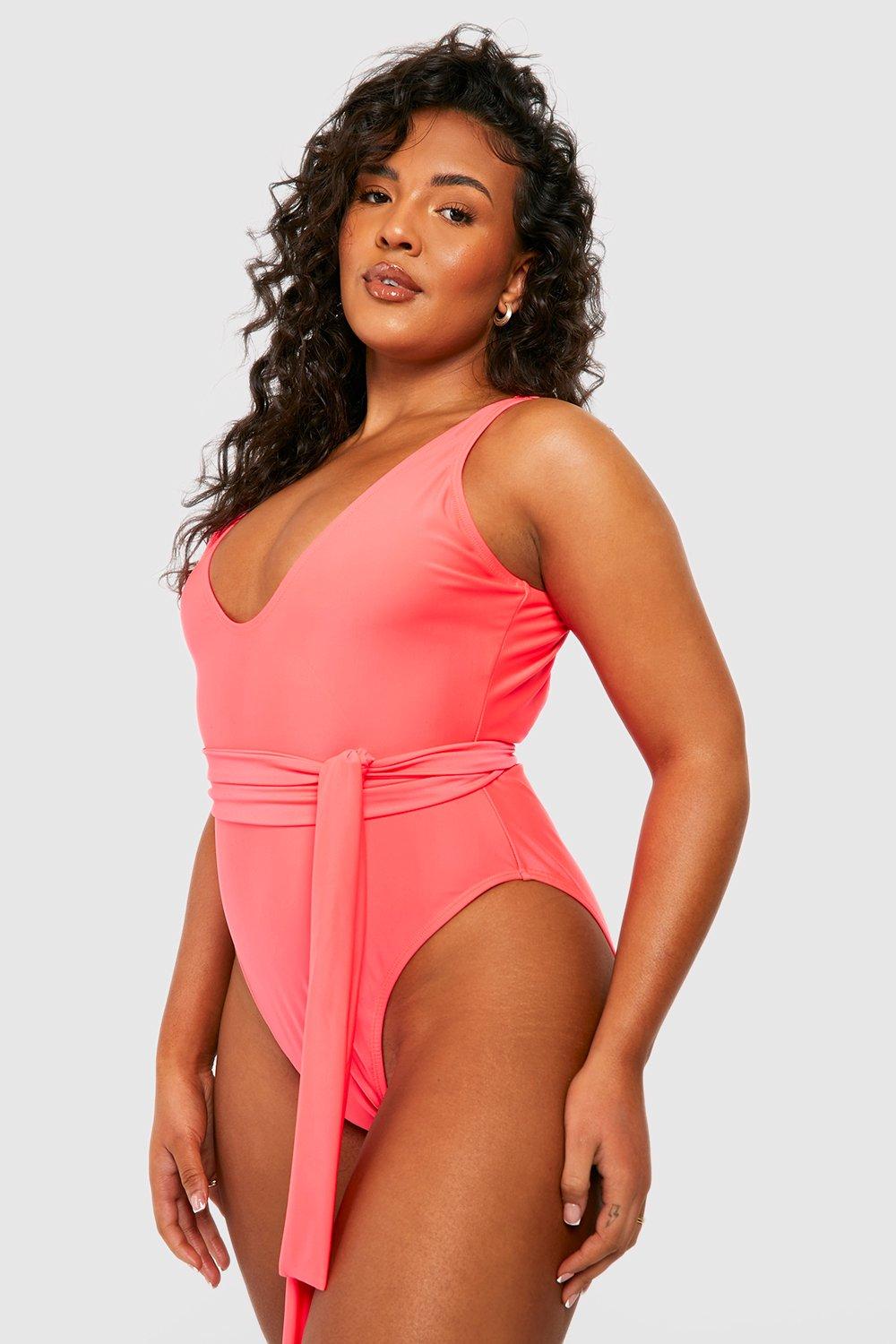 Womens Plus Tie Waist Swimsuit - Pink - 28, Pink