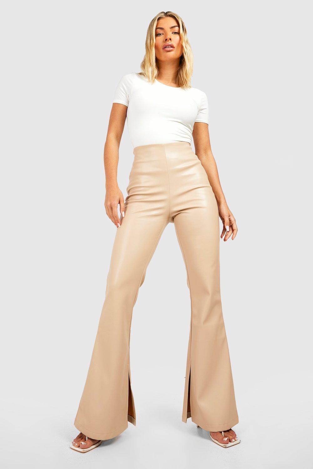 Womens Leather Look High Waisted Flared Trousers - Cream - 10, Cream