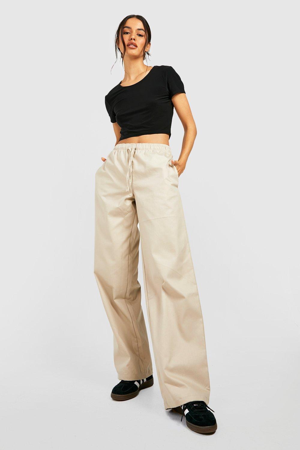 Boohoo Keperstof Parachute Broek Met Lage Taille En Touwtjes, Stone