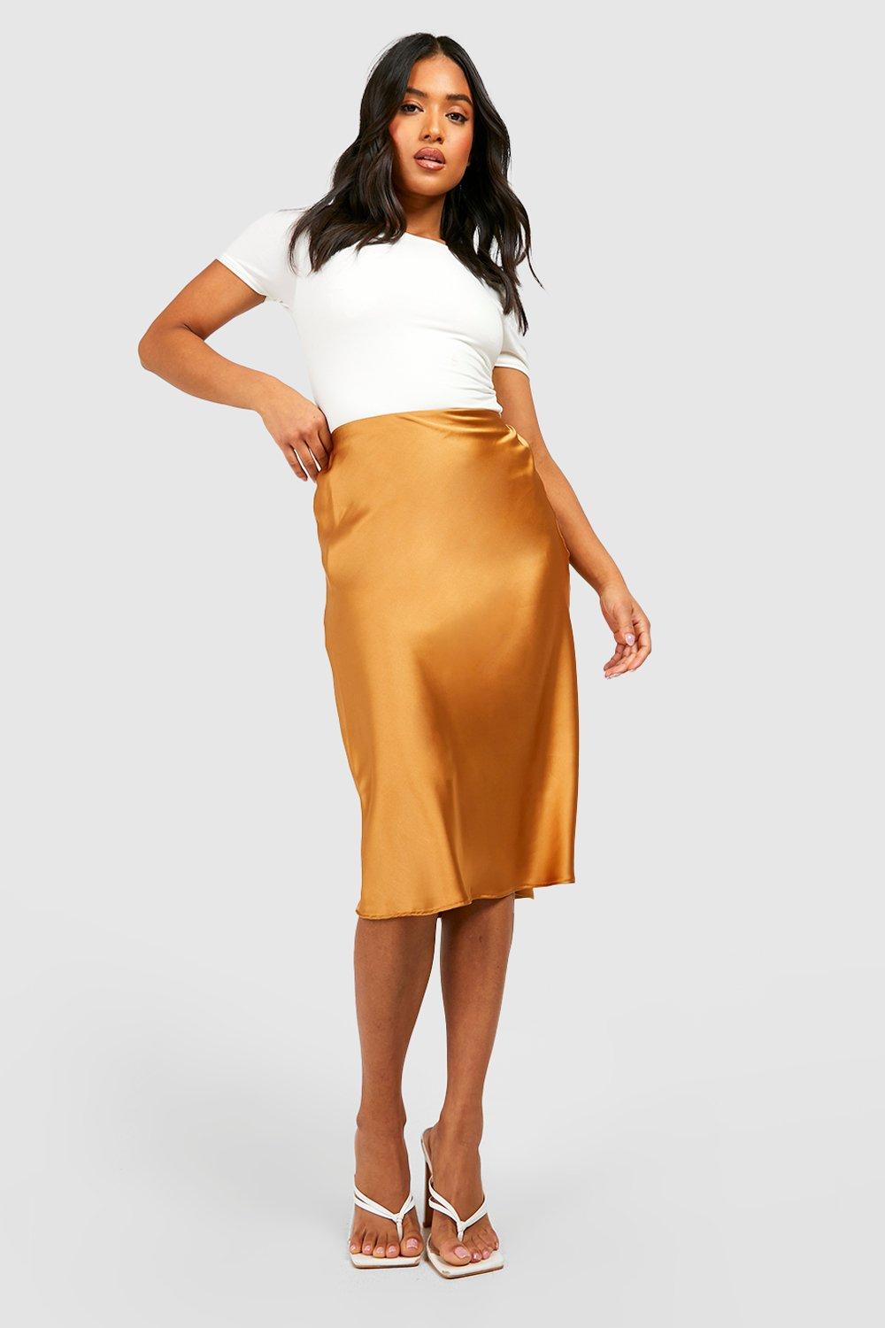 Womens Petite Satin Bias Midi Slip Skirt - Gold - 4, Gold