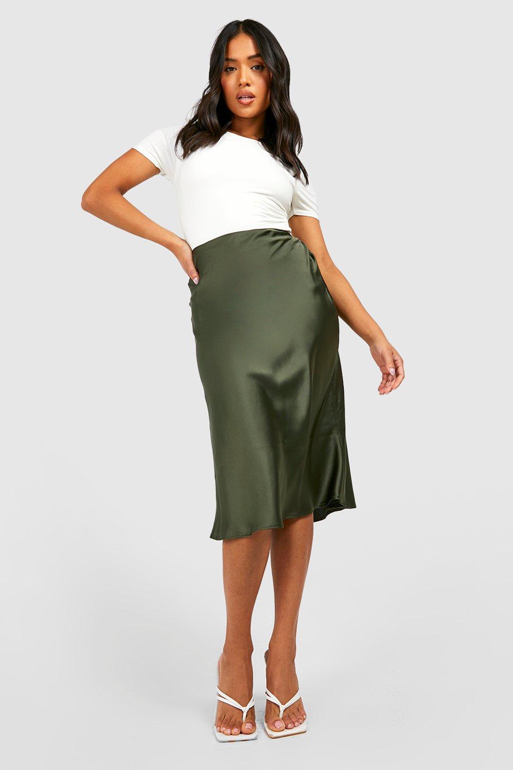 Womens Petite Satin Bias Midi Slip Skirt - Green - 8, Green