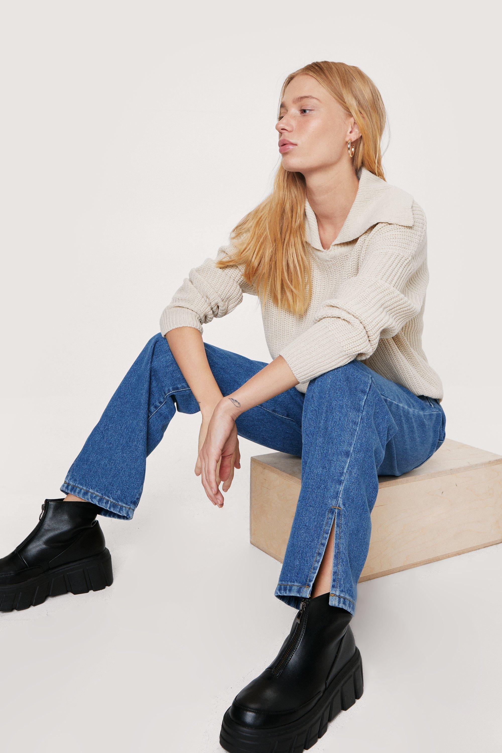 Boohoo Petite Duurzame Jeans Met Rechte Pijpen En Split, Mid Blue