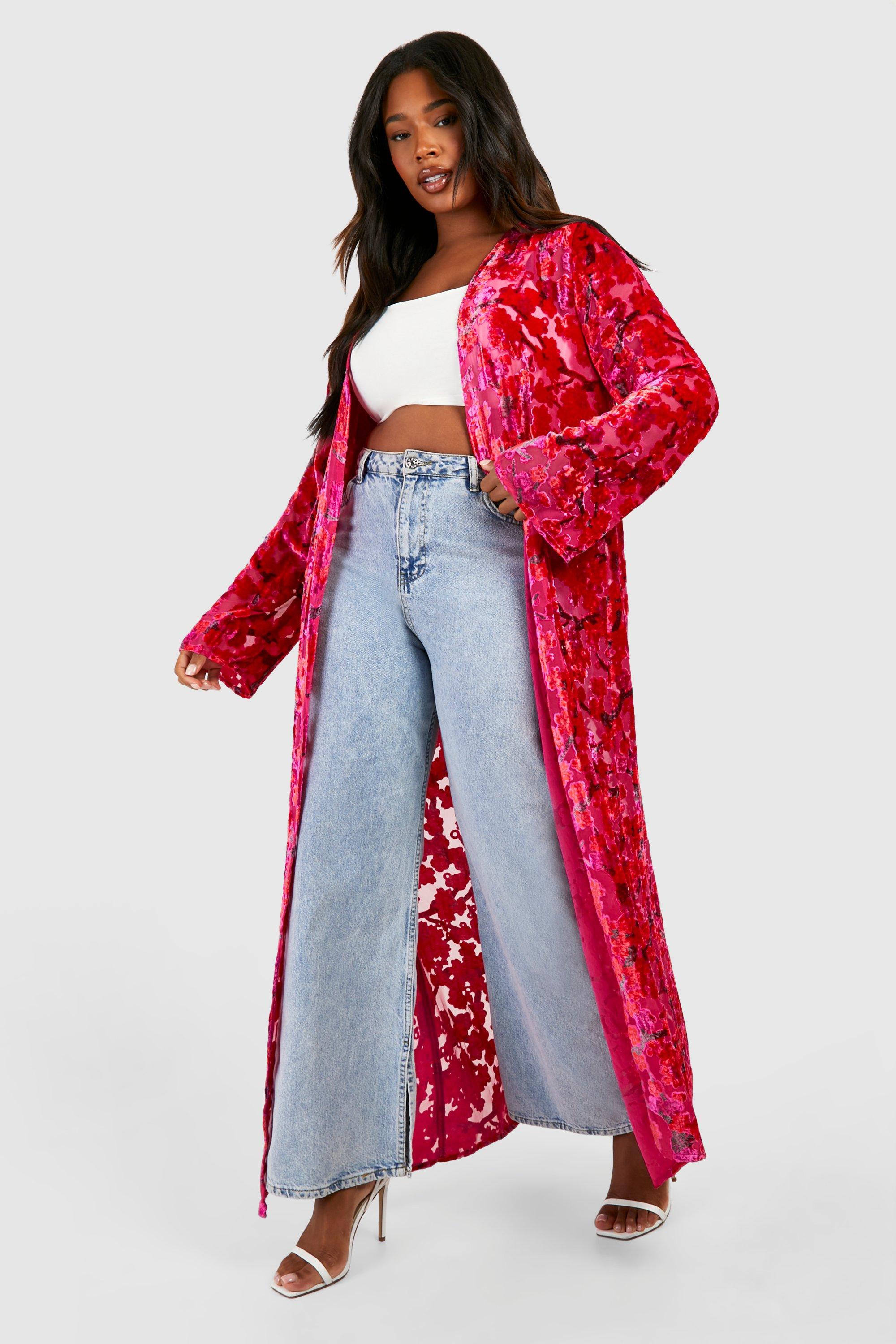 Image of Kimono maxi Plus Size in devoré, Pink