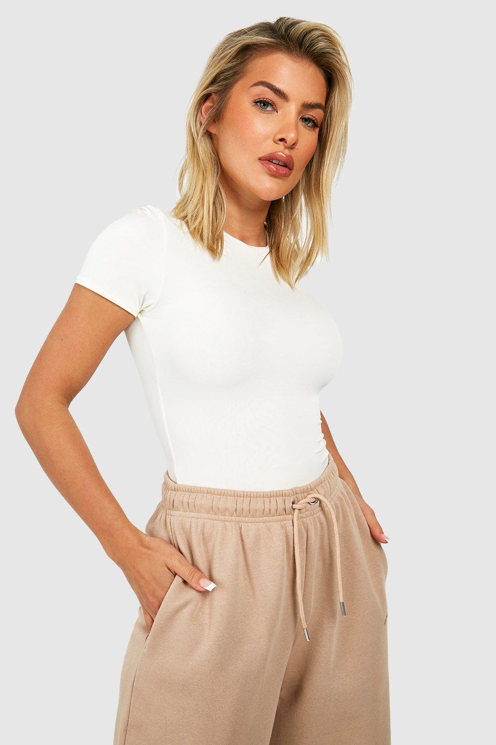Womens Double Layer Slinky Short Sleeve Bodysuit - Cream - 14, Cream