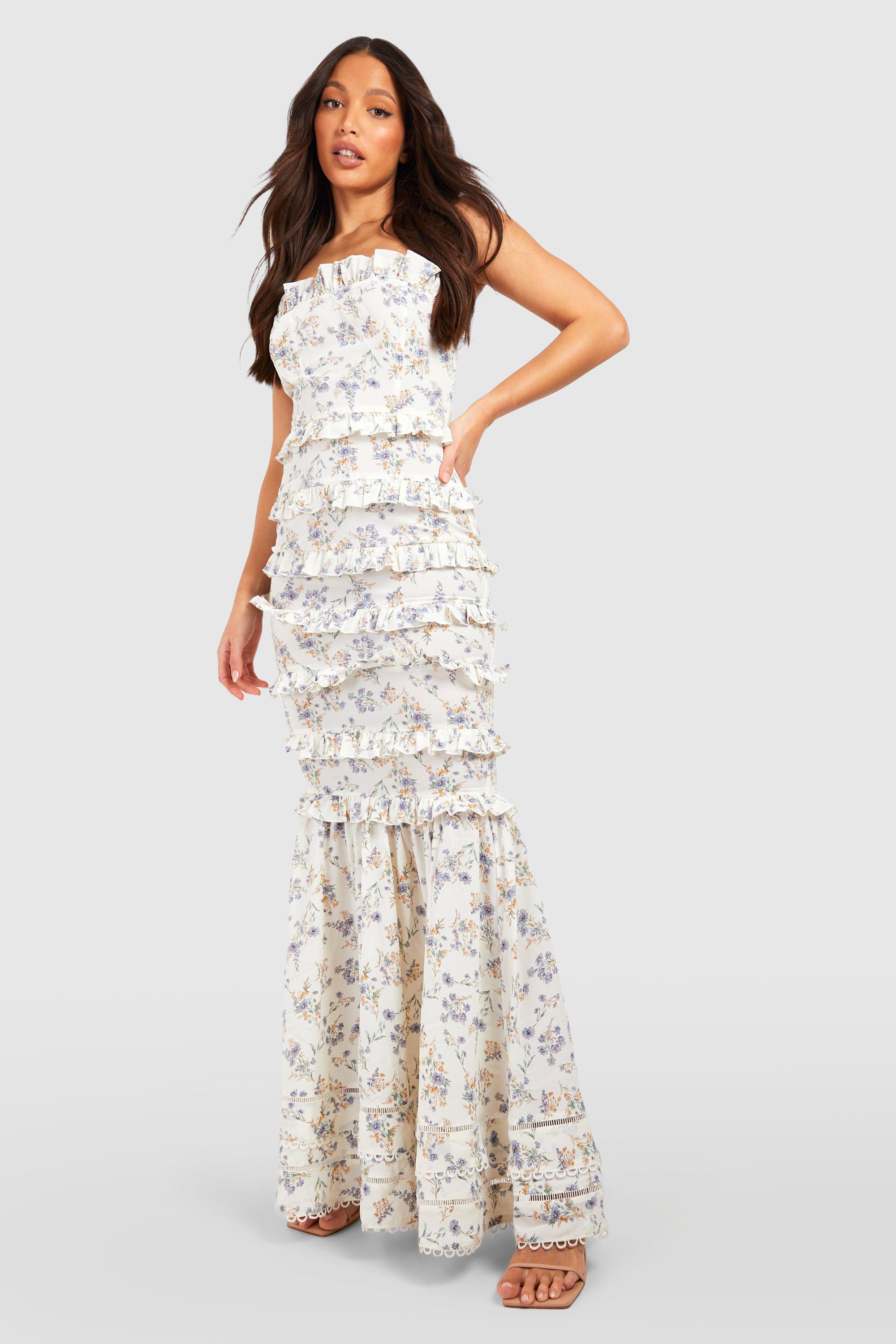 Womens Tall Floral Ruffle Tiered Midaxi Dress - White - 6, White