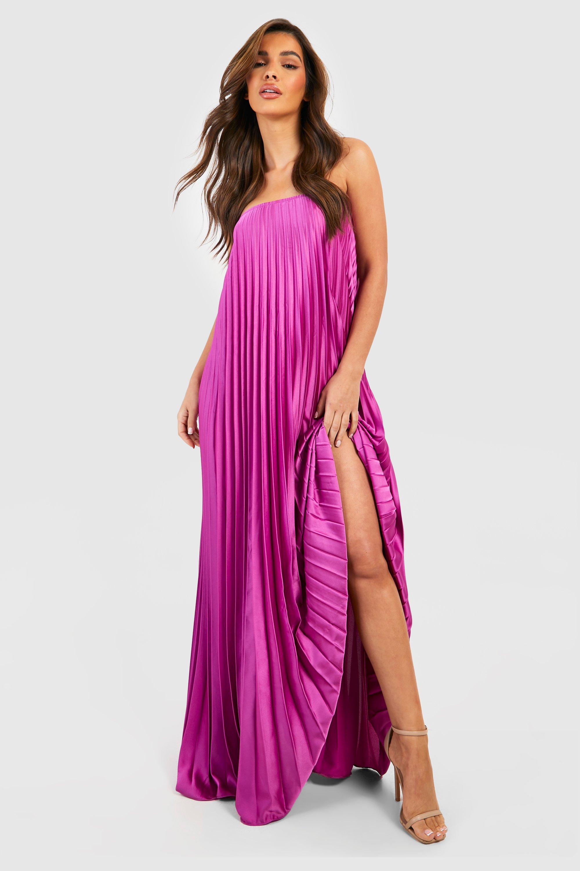 Womens Pleated Satin Bandeau Maxi Dress - Purple - 8, Purple