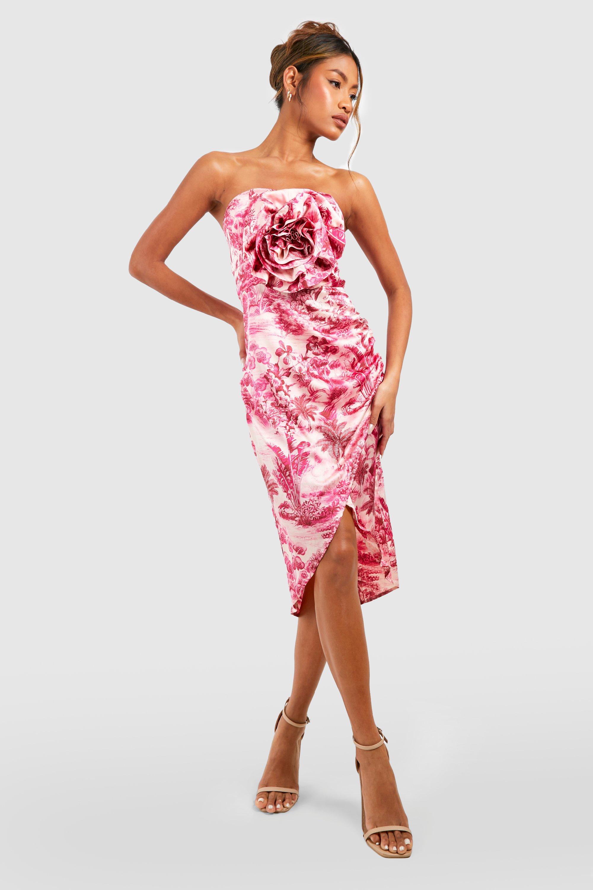 Womens 3D Rose Detail Bandeau Wrap Midi Dress - Pink - 10, Pink
