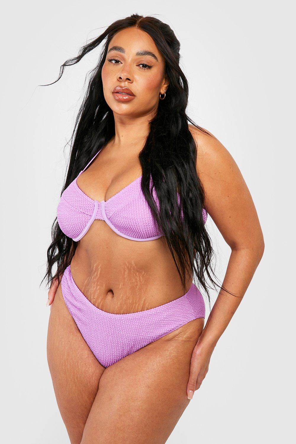 Boohoo Plus Gekreukelde Bikini Met Beugel, Purple