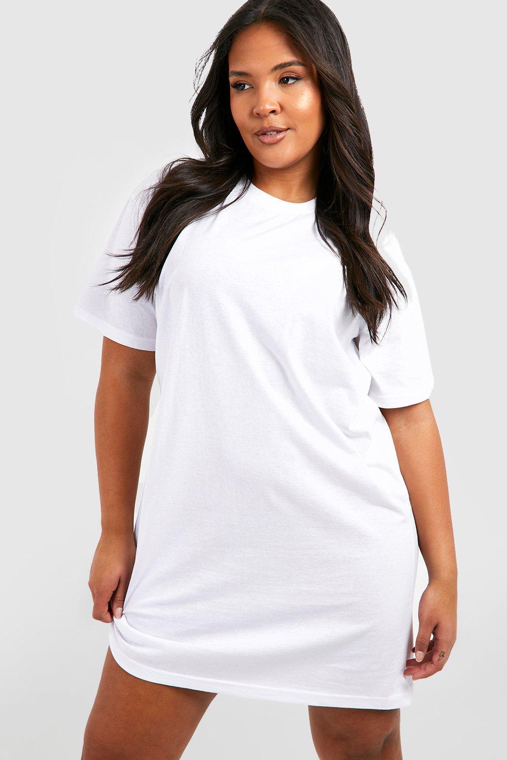 Image of Vestito T-shirt Plus Size a maniche corte in cotone, Bianco
