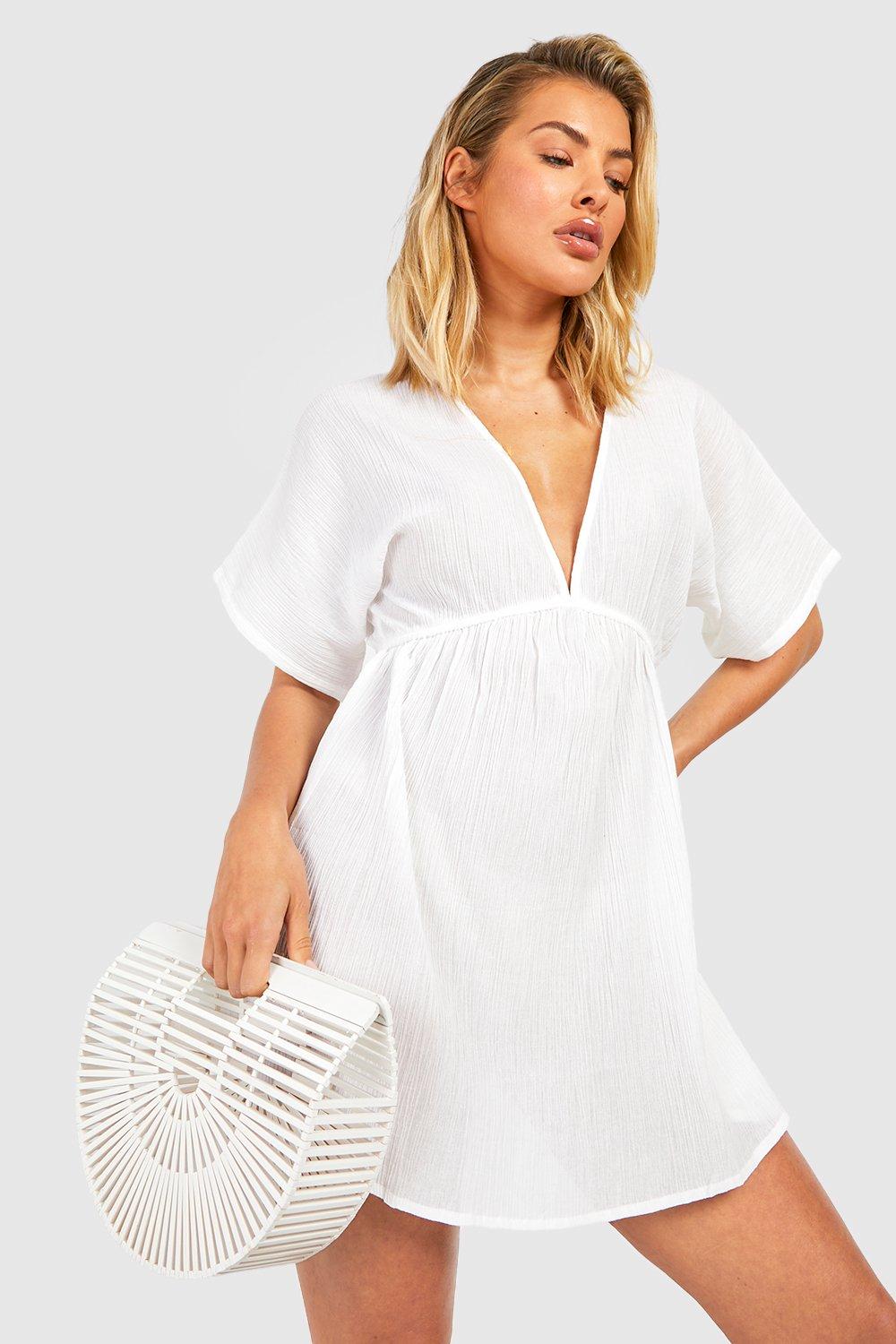 Boohoo Katoenen Strand Jurk Met Losse Mouwen En Laag Decolleté, White