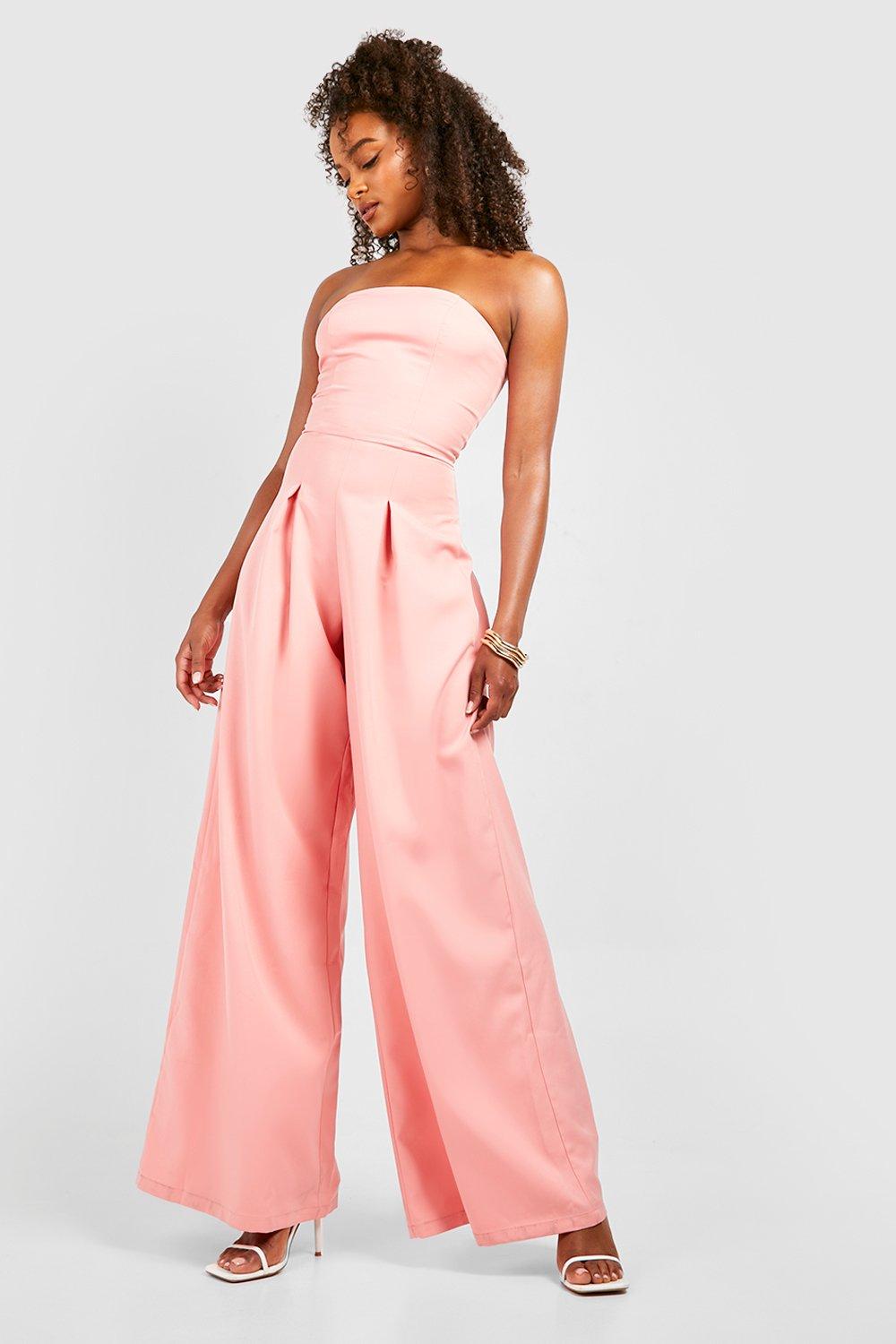 Boohoo Tall Getailleerde Strapless Wide Leg Jumpsuit, Coral