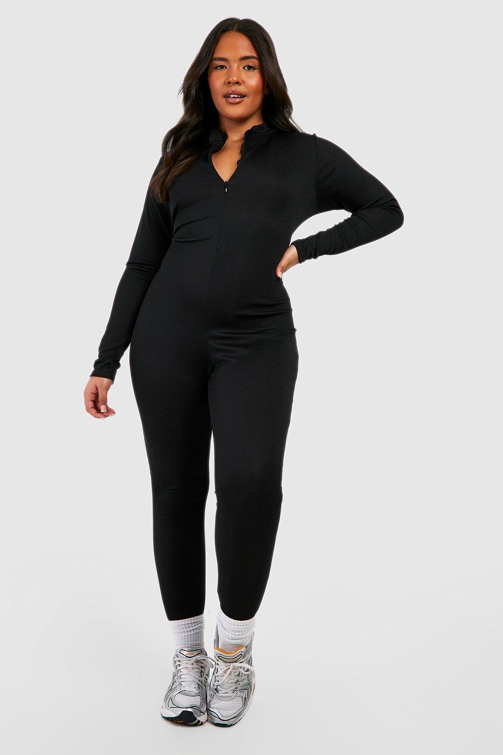 Womens Plus Basic Ribbed Zip Up Skinny Jumpsuit - Black - 20, Black