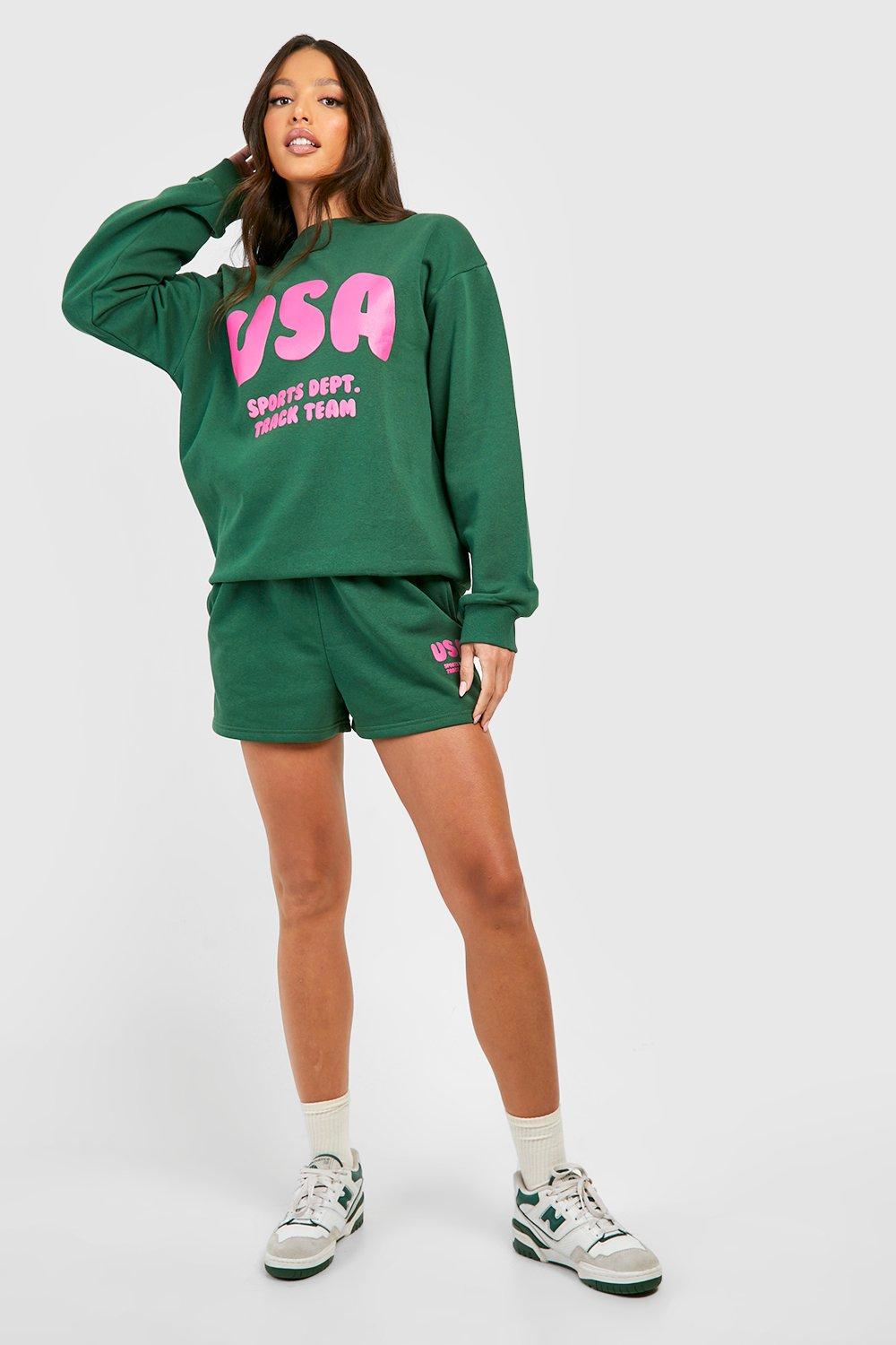 Image of Tuta sportiva corta in felpa con slogan USA, Verde