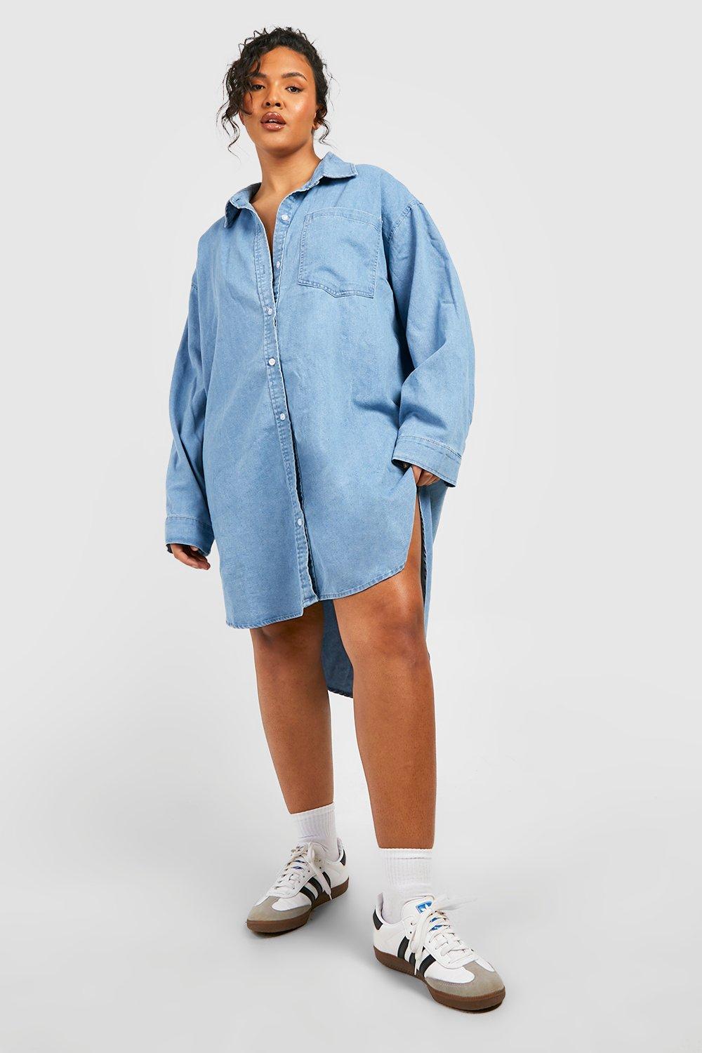 Image of Vestito camicia Plus Size in denim con fondo asimmetrico, Azzurro