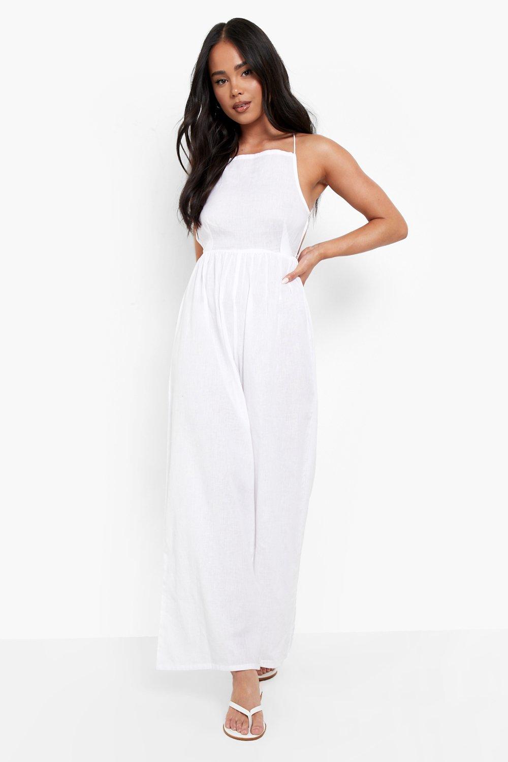 Womens Petite Linen Strappy Back Wide Leg Jumpsuit - White - 8, White