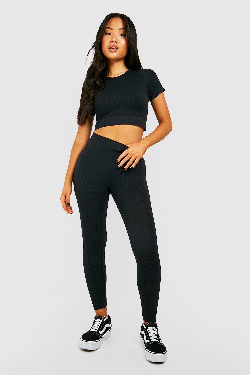 Womens Petite Seamless Rib Leggings - Black - L, Black