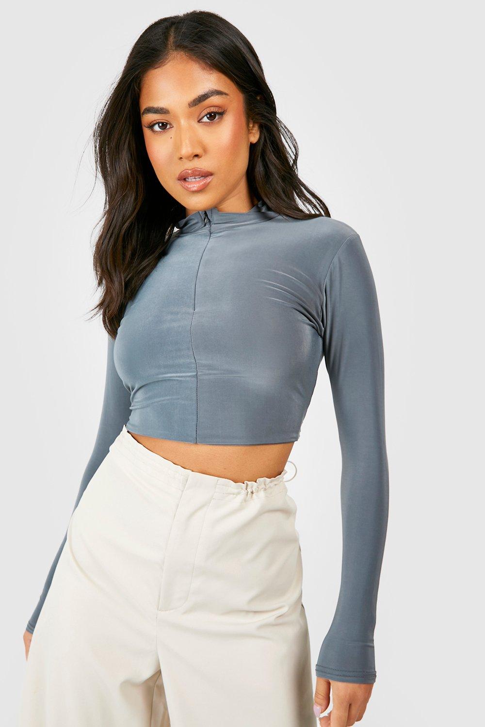 Boohoo Petite Dubbele Strakke Crop Top Met Lange Mouwen En Korte Rits, Charcoal