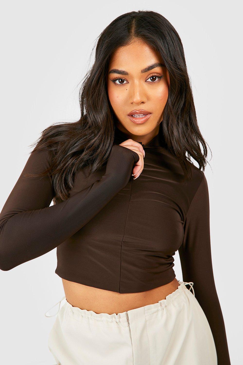 Boohoo Petite Dubbele Strakke Crop Top Met Lange Mouwen En Korte Rits, Chocolate