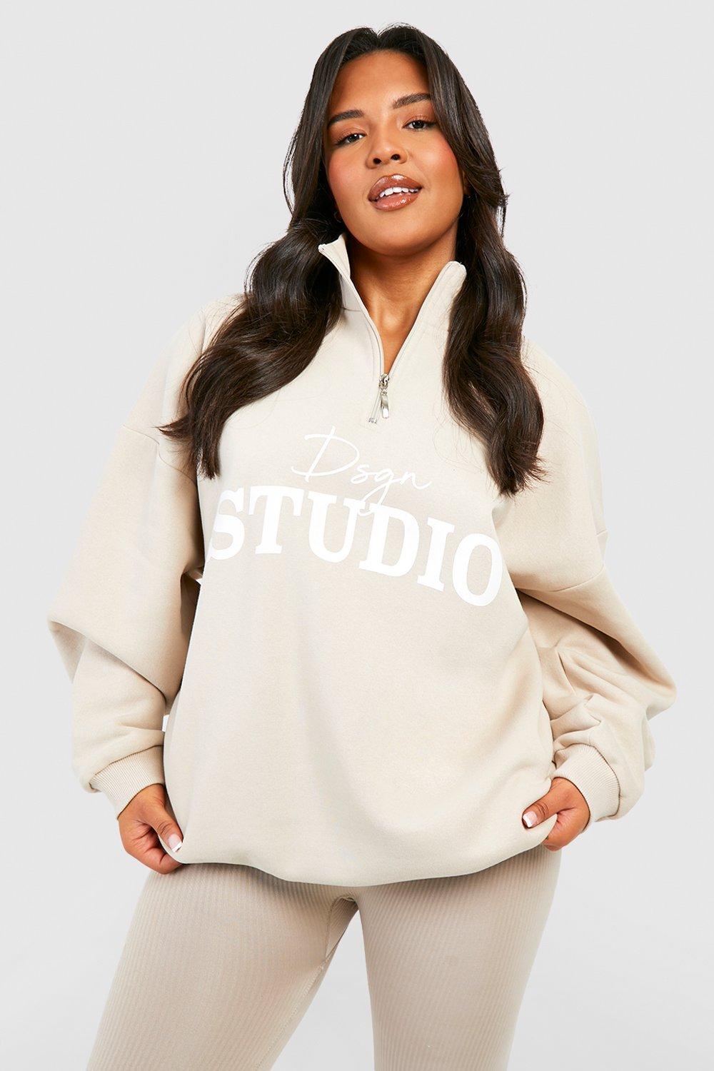 Womens Plus Dsgn Studio Script Half Zip Sweatshirt - Beige - 16, Beige