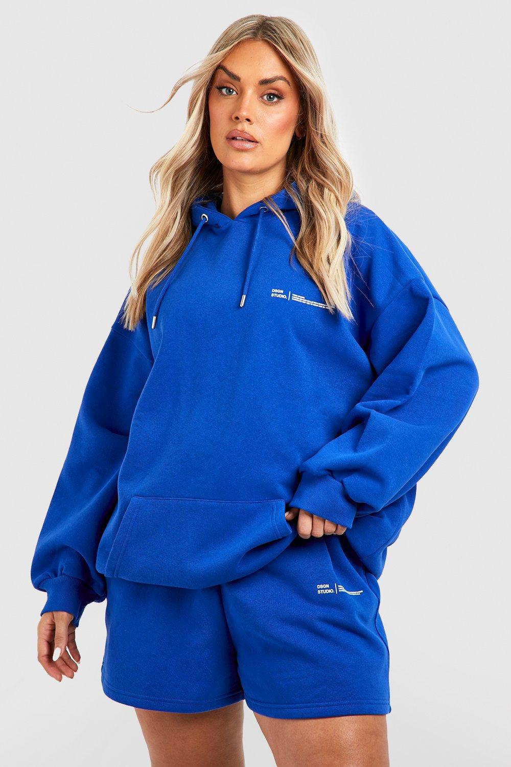 Womens Plus Dsgn Studio Text Print Oversized Hoodie Short Tracksuit - Blue - 22, Blue