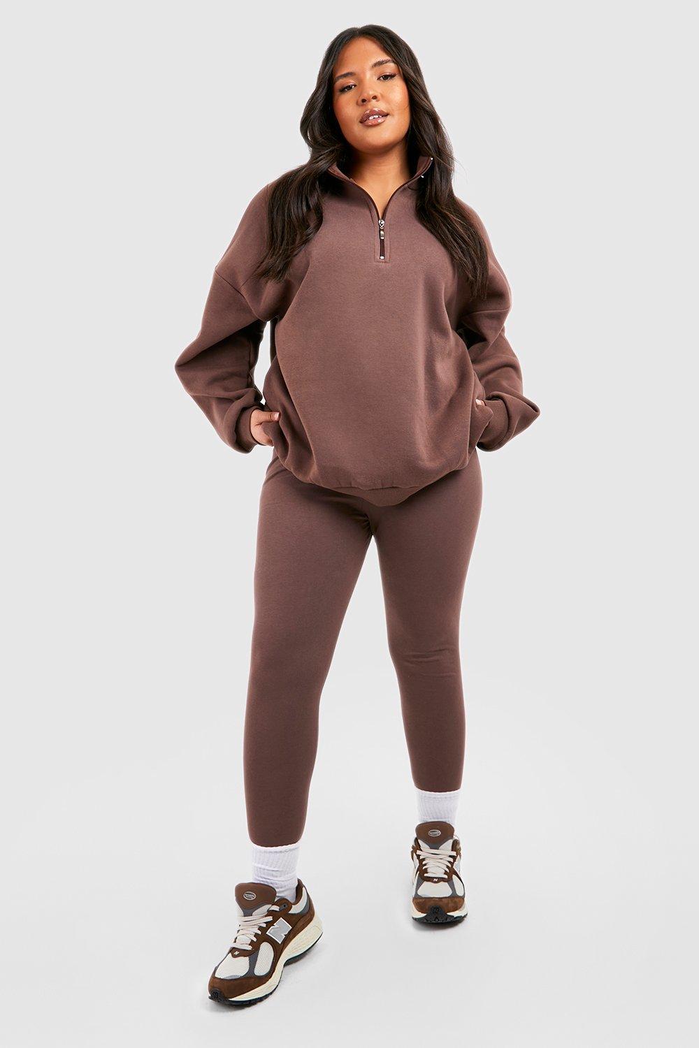 Womens Plus Oversized Half Zip Sweatshirt And Legging Set - Brown - 16, Brown