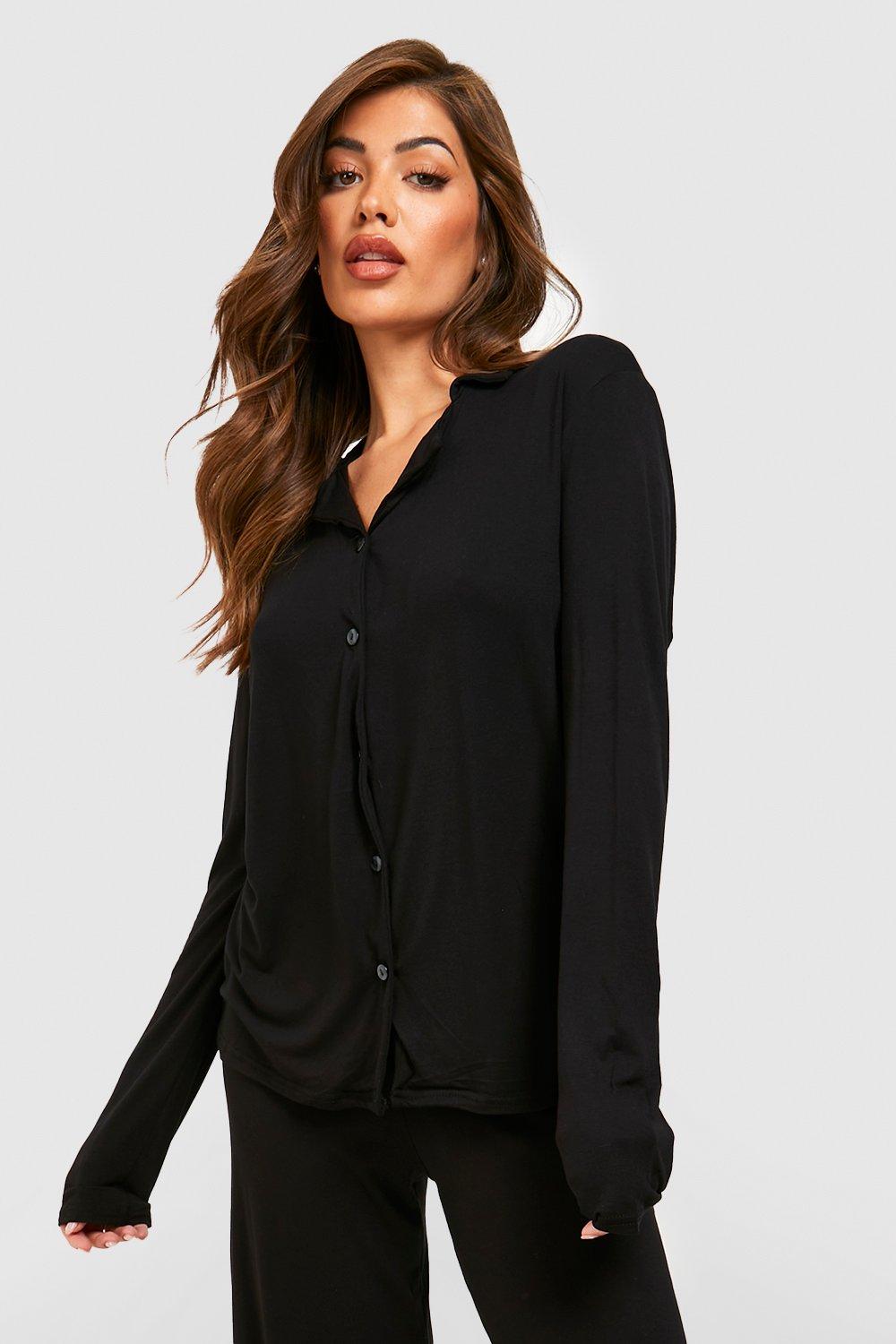 Womens Jersey Long Sleeve Button Up Pyjama Shirt - Black - 10, Black