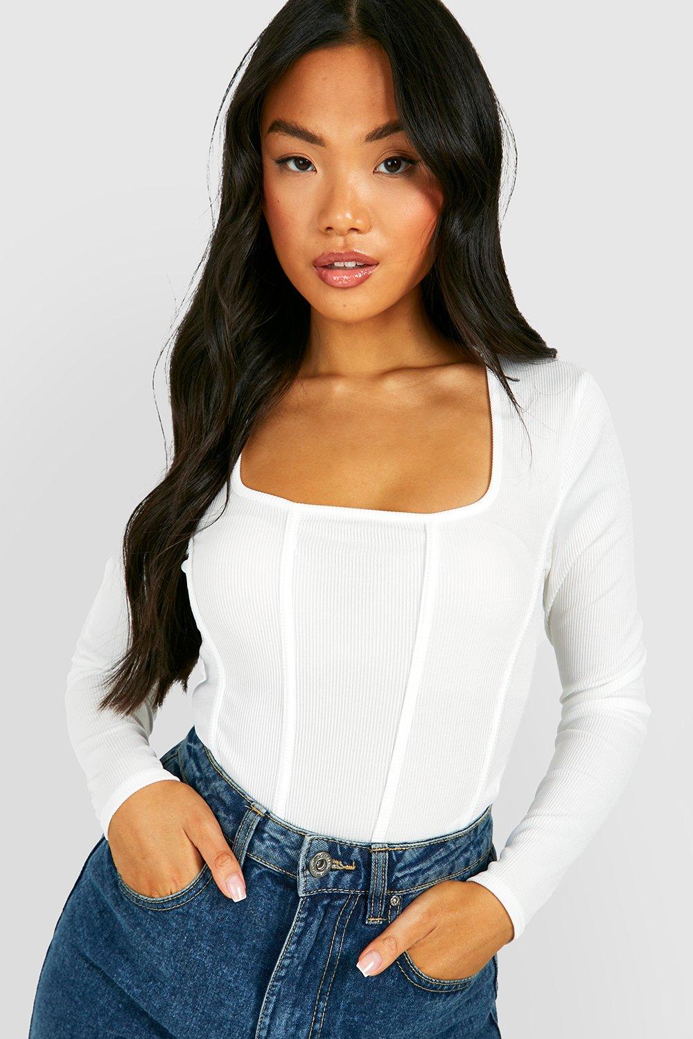 Womens Petite Rib Corset Bodysuit - White - 14, White