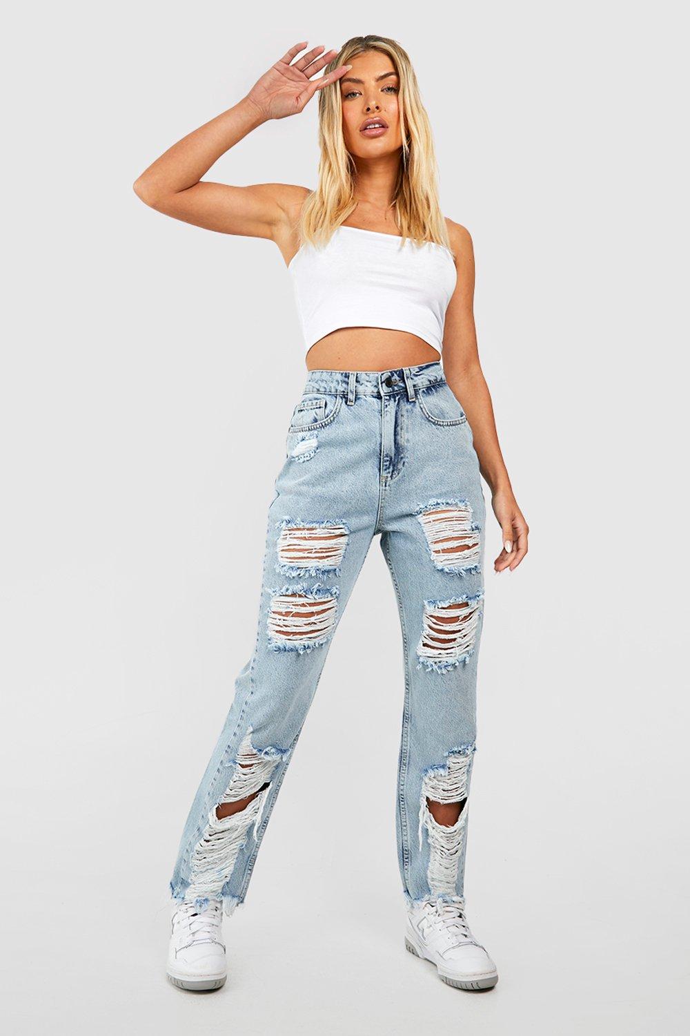 Boohoo Super Versleten High Waist Mom Jeans, Light Wash
